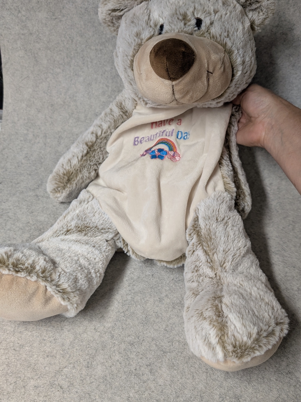 Plush Beige Teddy Bear Back Pack with Embroidered Rainbow (Have A Beautiful Day)